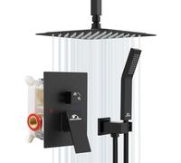 SunCleanse Rainfall Shower System Matte Black Ceiling Mounted Shower System Combo Set with High Pressure 12 Inches Square Rain Shower Head Handheld and Shower Faucet Rough-in Mixer Valve and Trim