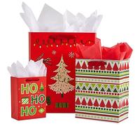 SUNCOLOR Christmas Gift Bags Assorted Sizes with Tissue Paper, 9 Pack, Red Holiday Theme Bags, Large 13x10.2, Medium 9x7, Small 6.3x4.7 inches