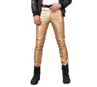Suncolour Men's Gold Silver Faux Leather Pants Metallic Shiny Disco Pants Skinny Stretch Black Red PU Trousers for Men