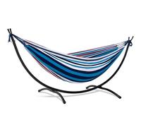 SUNCREAT Hammocks for Outside with Stand, Porch Hammock and Stand, 475 lbs Capacity, Blue & Red Stripes