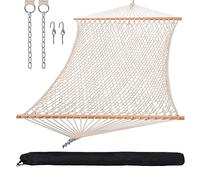SUNCREAT Hammocks Traditional Rope Double Hammock with Hardwood Spreader Bar and Carrying Bag, 450 lbs Capacity, Natural
