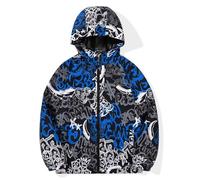 SUNDAY ROSE Boys Rain Jacket Lightweight Breathable Raincoat Waterproof Hooded Windbreaker For Kids Blue White Scrawl Print Size 14