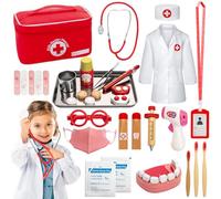 Sundaymot Doctors Set for Kids, 32 PCS Role Play Doctors Case, Children's Wooden Play Set, Dentist Wood with Real Stethoscope, Thermometer, Dental Case, Red Medical Toy Gift for Girls Boys 3 4 5 Years