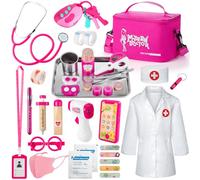 Sundaymot Doctors Set for Kids, 34 PCS Kids Doctors Set wich Stethoscope, Wooden Syringe, Doctor Costume and Doctors Kit, Educational Role Play Toys for 3+ Year Old Girl Gifts, Children Pretend Play