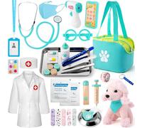 Sundaymot Doctors Set for Kids Age 3+, Children Pet Vet Care Play Set with Doctor Costume, Real Stethoscope Portable, Doctors Bag and Plush Dog, Role Play Toys