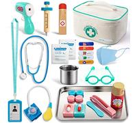 Sundaymot Doctors Set for Kids, with Real Wooden Stethoscope, Thermometer, Syringe and Practical Items for Children Role Play Medical, Gift for 3 4 5 Years Boys Girls