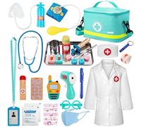 Sundaymot Kids Doctors Wooden Kit, 34 Pcs, with Real Stethoscope, Portable Doctors Bag, Pretend Role Play Medical Kit Toys for 3-6 Year Old Toddlers
