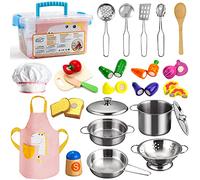 Sundaymot Kids Kitchen Pretend Play Toys, Wooden Cooking Toy Set with Stainless Steel Cookware Pots & Pans, Apron & Chef Hat, Chef Role Play for Boys, Girls, Toddlers 3+ Years (24 PCS)