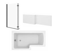 Sundaze 1500mm L Shape Shower Bath Left Hand & Gloss White Front Panel & Bath Screen Hinged Return Matt Black