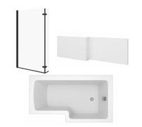 Sundaze 1500mm L Shape Shower Bath Right Hand & Gloss White Front Panel & Bath Screen Hinged Return Matt Black