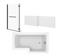 Sundaze 1500mm L Shape Shower Bath Right Hand & Gloss White Front Panel & Bath Screen Hinged Return Towel Rail Matt Black