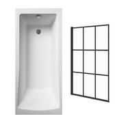 Sundaze 1500X700mm Straight Shower Bath Single Ended With Black Grid Square Bath Screen