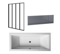 Sundaze 1700 X 700mm Straight Shower Bath Double Ended & Gloss Grey Mdf Front Panel & 4 Folding Screen Matt Black