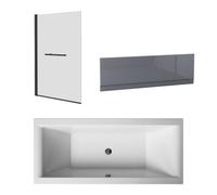 Sundaze 1700 X 700mm Straight Shower Bath Double Ended & Gloss Grey Mdf Front Panel & Square Pivot Screen Towel Rail Matt Black
