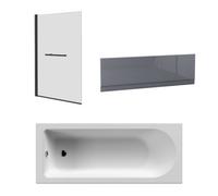 Sundaze 1700 X 700mm Straight Shower Bath Single Ended & Gloss Grey Mdf Front Panel & Square Pivot Screen Towel Rail Matt Black