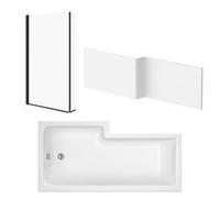 Sundaze 1700 X 850mm L Shape Bath Right Handed & Gloss White Front Panel & Bath Screen Fixed Return Matt Black