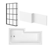 Sundaze 1700 X 850mm L Shape Bath Right Handed & Gloss White Front Panel &black Grid Bath Screen Fixed Return