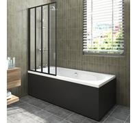 Sundaze 1700X700mm White Acrylic Double Ended Shower Bath & Front And End Panel Black & 4 Folding Bath Screen Matt Black