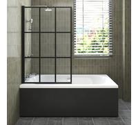 Sundaze 1700X700mm White Acrylic Double Ended Shower Bath & Front Panel Black & Black Grid Straight Pivot Bath Screen