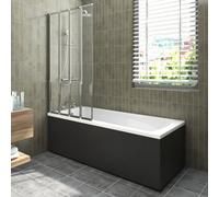 Sundaze 1700X700mm White Acrylic Single Ended Shower Bath & Front And End Panel Black & 4 Panel Folding Bath Screen Chrome