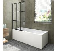 Sundaze 1700X700mm White Acrylic Single Ended Shower Bath & Front And End Panel & Black Grid Straight Pivot Bath Screen