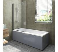 Sundaze 1700X700mm White Acrylic Single Ended Shower Bath & Front And End Panel Gloss Grey & Straight Pivot Bath Screen Black