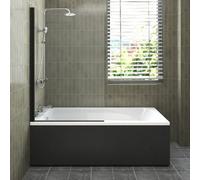 Sundaze 1700X700mm White Acrylic Single Ended Shower Bath & Front Panel Black & Straight Pivot Bath Screen Black