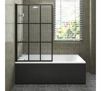 Sundaze 1700X700mm White Traditional Single Ended Shower Bath & Front Panel Black & Black Grid Straight Pivot Bath Screen