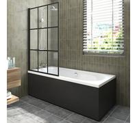 Sundaze 1700X750mm White Acrylic Double Ended Shower Bath & Front And End Panel Black & Black Grid Straight Pivot Bath Screen