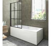 Sundaze 1700X750mm White Acrylic Double Ended Shower Bath & Front And End Panel & Black Grid Straight Pivot Bath Screen