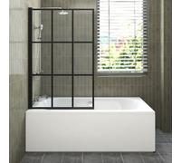 Sundaze 1700X750mm White Acrylic Double Ended Shower Bath & Front Panel & Black Grid Straight Pivot Bath Screen