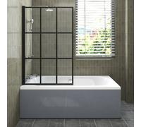 Sundaze 1700X750mm White Acrylic Double Ended Shower Bath & Front Panel Gloss Grey & Black Grid Straight Pivot Bath Screen