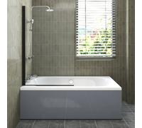 Sundaze 1700X750mm White Acrylic Double Ended Shower Bath & Front Panel Gloss Grey & Straight Pivot Bath Screen Black