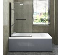 Sundaze 1700X750mm White Acrylic Double Ended Shower Bath & Front Panel Gloss Grey & Straight Pivot Screen With Towel Rail Black