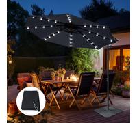 SunDaze 3M Led Banana Garden Parasol Sun Shade Patio Hanging Umbrella Cantilever With Base Cover Black