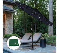 Sundaze Black 2.7M Outdoor Garden Patio Round Parasol Umbrella Solar Led Lights Crank Tilt With Base, Green Cover