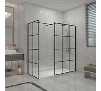 Sundaze Black Grid 8mm Walk In Shower Enclosure Wet Room Glass Screen 1100mm & 760mm Panels With 1600X800mm White Shower Tray