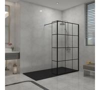 Sundaze Black Grid Walk In Shower Enclosure Wet Room Glass 1100mm & 215mm Return Panel With 1500X800mm Smc Black Shower Tray