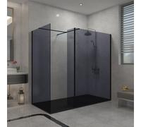 Sundaze Walk In Wet Room Shower Enclosure Grey Glass 1100mm & 800mm & 300mm Flipper Panel With 1800X800mm Black Shower Tray