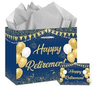 SUNDECO Blue Gold Retirement Gift Bag, Large Happy Retirement Gift Bag with Tissue Paper and Greeting Card for Men, Women, Office Coworker, Farewell, Going Away, Retired Party Decorations
