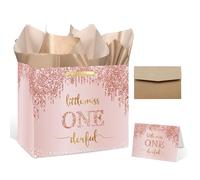 SUNDECO Little Miss One derful Gift Bag, Rose Gold 1st Birthday Gift Bag for Girls, Gift Wrap Bag with Greeting Card, Tissue Paper, One Year Old Girl, Baby Shower, Party Supplies