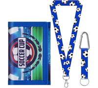 sundee Kids Soccer Wallet for 3-18 Years, Trifold Canvas Football Wallet with Neck/Wrist Lanyard, Card Holders & Coin Pocket(Blue E)