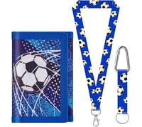 sundee Kids Soccer Wallet for 3-18 Years, Trifold Canvas Football Wallet with Neck/Wrist Lanyard, Card Holders & Coin Pocket(Blue B)