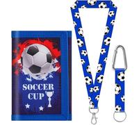 sundee Kids Soccer Wallet for 3-18 Years, Trifold Canvas Football Wallet with Neck/Wrist Lanyard, Card Holders & Coin Pocket(Blue C)