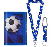 sundee Kids Soccer Wallet for 3-18 Years, Trifold Canvas Football Wallet with Neck/Wrist Lanyard, Card Holders & Coin Pocket(Blue D)