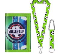 sundee Kids Soccer Wallet for 3-18 Years, Trifold Canvas Football Wallet with Neck/Wrist Lanyard, Card Holders & Coin Pocket(Green E)