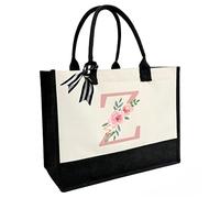 sundee Personalized Initial Canvas Beach Bag, Canvas Tote Bag with Inner Zipper Pocket, Double Shoulder Straps Monogrammed Jute Bag for Daily Work Travel - Pink Letter Z