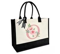 sundee Personalized Initial Canvas Beach Bag, Canvas Tote Bag with Inner Zipper Pocket, Double Shoulder Straps Monogrammed Jute Bag for Daily Work Travel - Pink Letter O