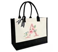 sundee Personalized Initial Canvas Beach Bag, Canvas Tote Bag with Inner Zipper Pocket, Double Shoulder Straps Monogrammed Jute Bag for Daily Work Travel - Pink Letter A