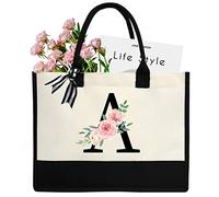 sundee Personalized Initial Canvas Beach Bag, Canvas Tote Bag with Inner Zipper Pocket, Monogrammed Gifts Tote Bag for Wedding, Birthday, Holiday - Letter A